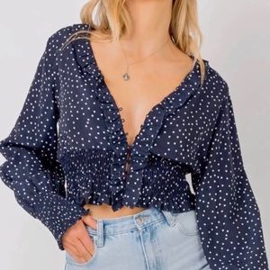 Polka Dot Ruffle Smocked Crop Top - Navy